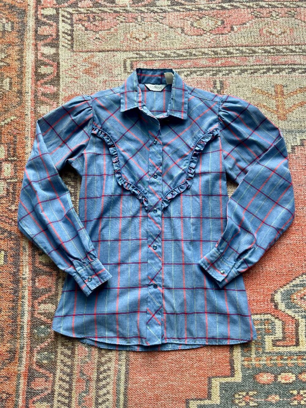 Vintage Karman Western Ruffle Yoke Plaid Shirt